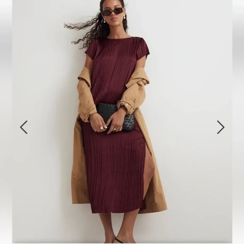 Madewell Plissé Slip Midi Dress Mulberry Wine L NWOT